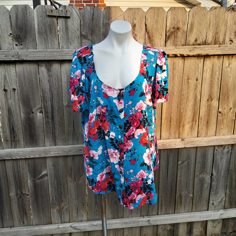 Torrid Floral Print Blouse - Blue and Pink